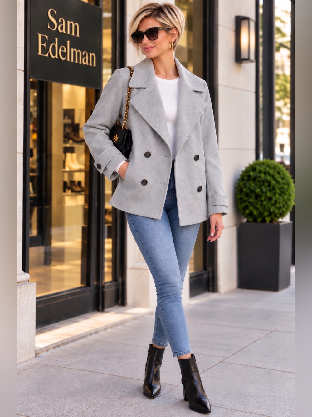 Sam Edelman Light Gray Double-Breasted Wool-Blend Peacoat NWOT L